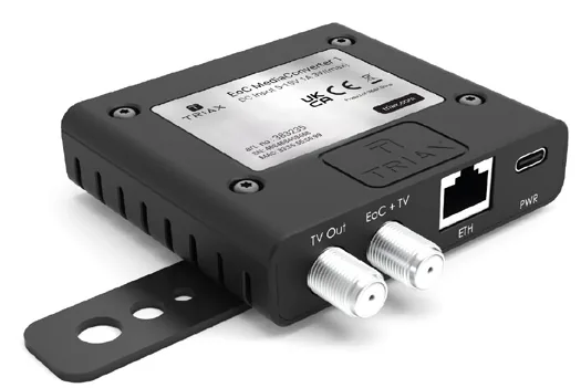 Priključki naprave TRIAX EoC MediaConverter: TV-izhod, EoC + TV, Ethernet in napajanje