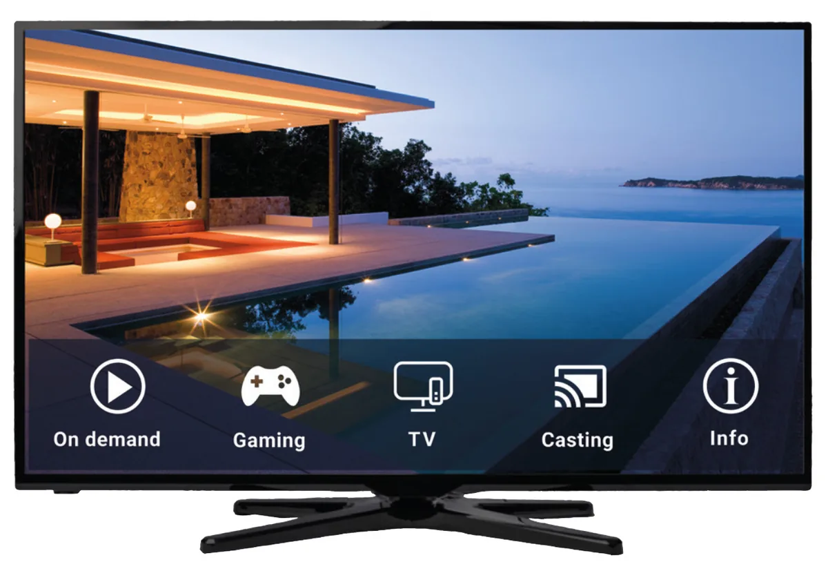 Hotelski televizor z meniji za video na zahtevo, igre, TV, predvajanje z naprave in informacije